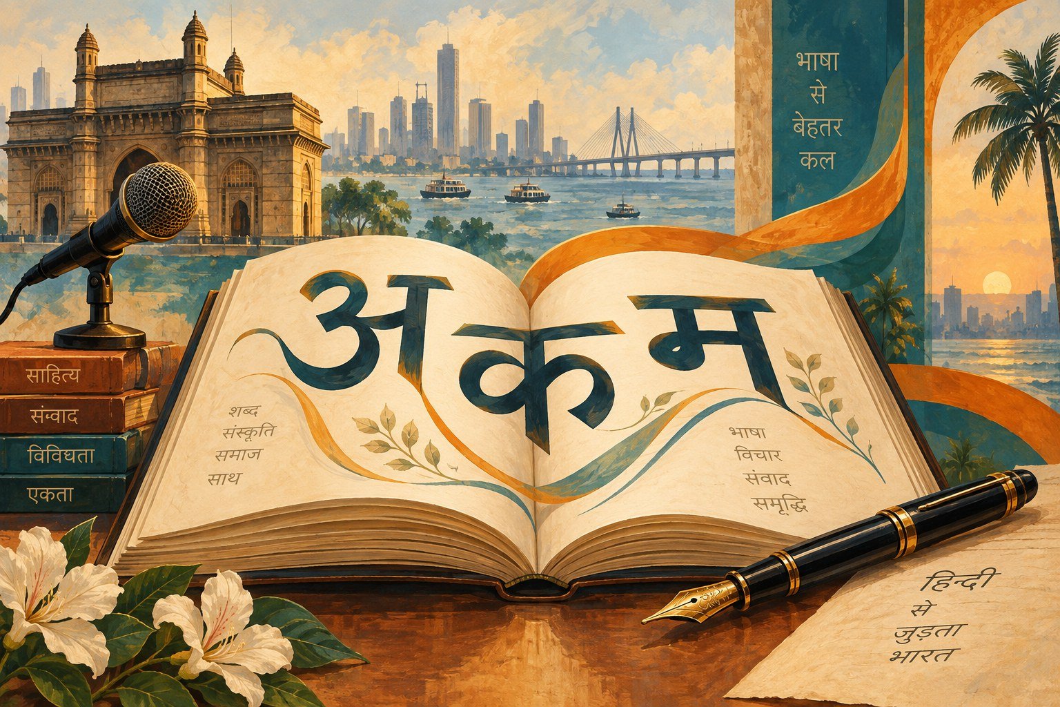 पुस्तक, देवनागरी अक्षरों और माइक्रोफोन से हिंदी सम्मेलन का सांकेतिक चित्र