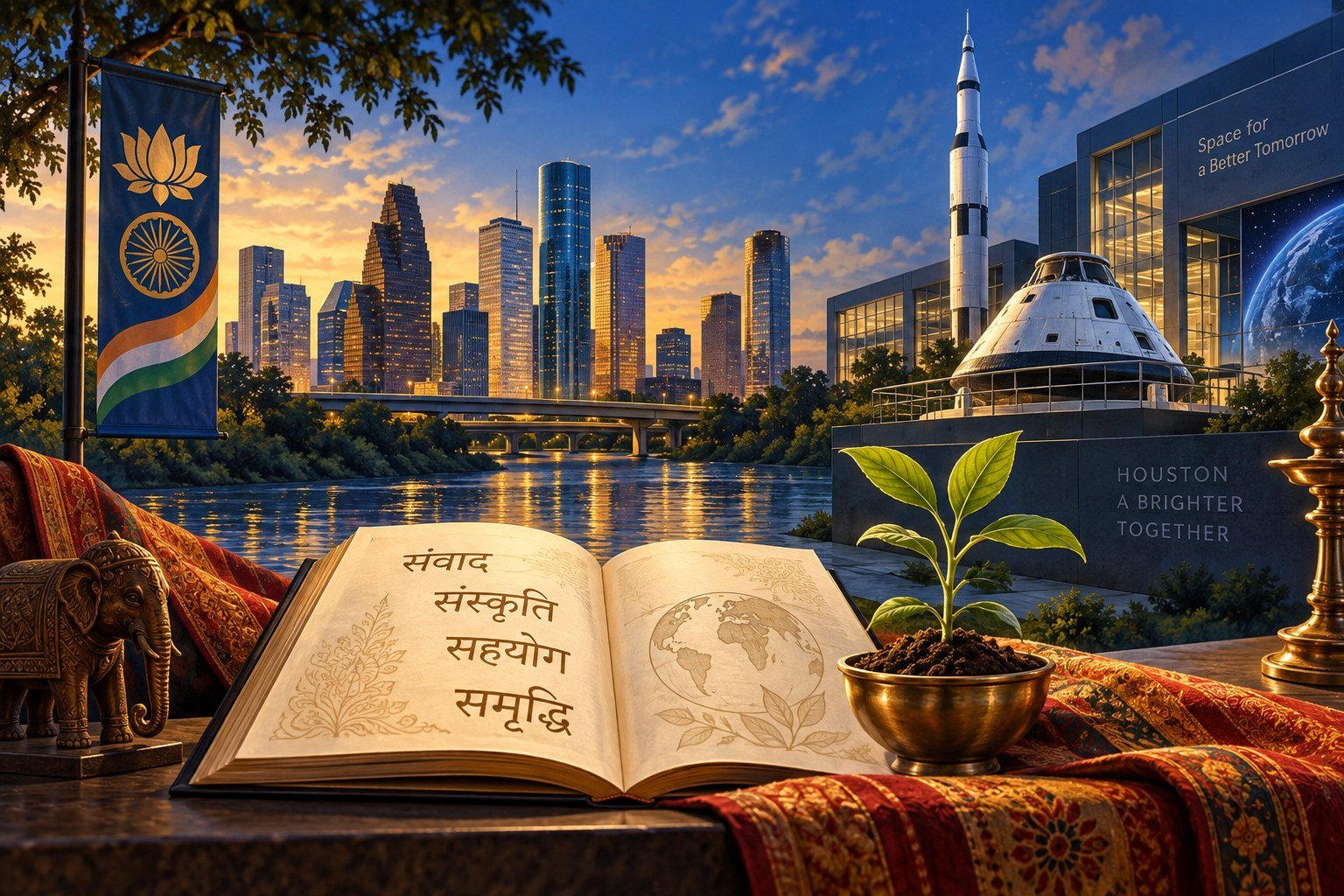 ह्यूस्टन के नगर दृश्य, पुस्तक, पौधे और अंतरिक्ष यान का सांकेतिक चित्र