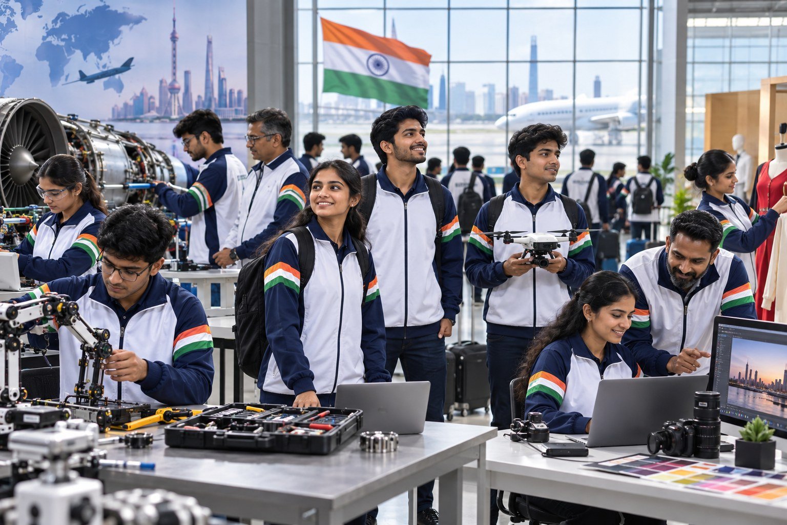 वर्ल्डस्किल्स शंघाई 2026 के लिए रवाना होते युवा भारतीय कौशल प्रतियोगियों का प्रतीकात्मक दृश्य