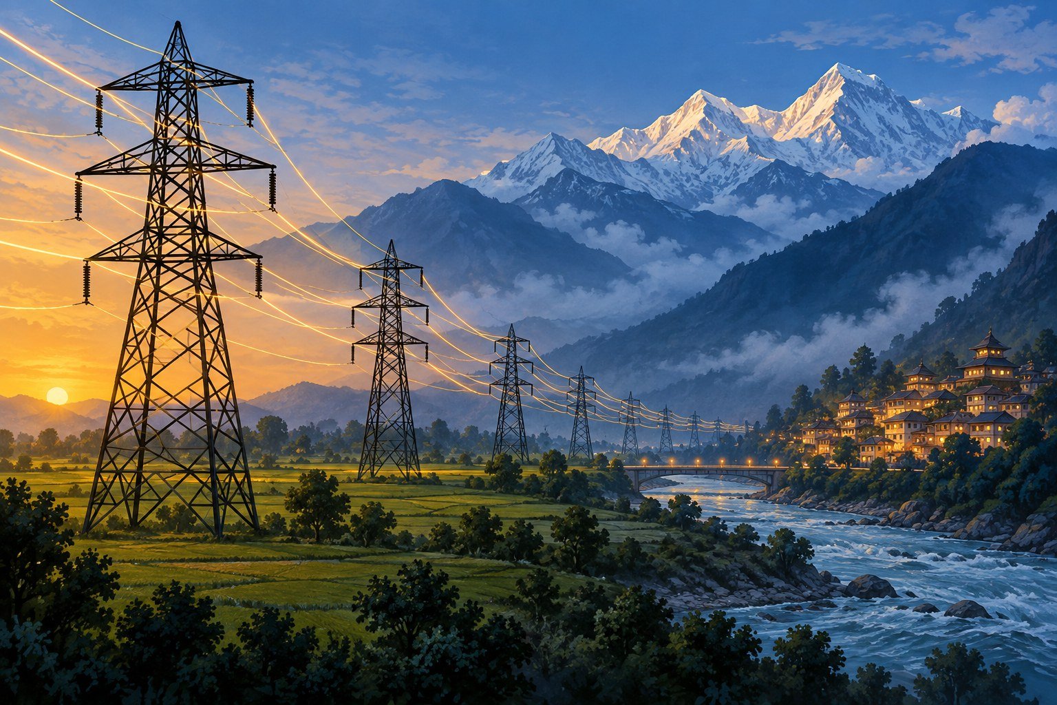 हिमालयी क्षेत्र की ओर जाती बिजली की लाइनों और रोशन बस्ती का सांकेतिक चित्र