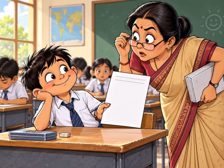 खाली परीक्षा कॉपी लिए शरारती छात्र और हैरान अध्यापिका