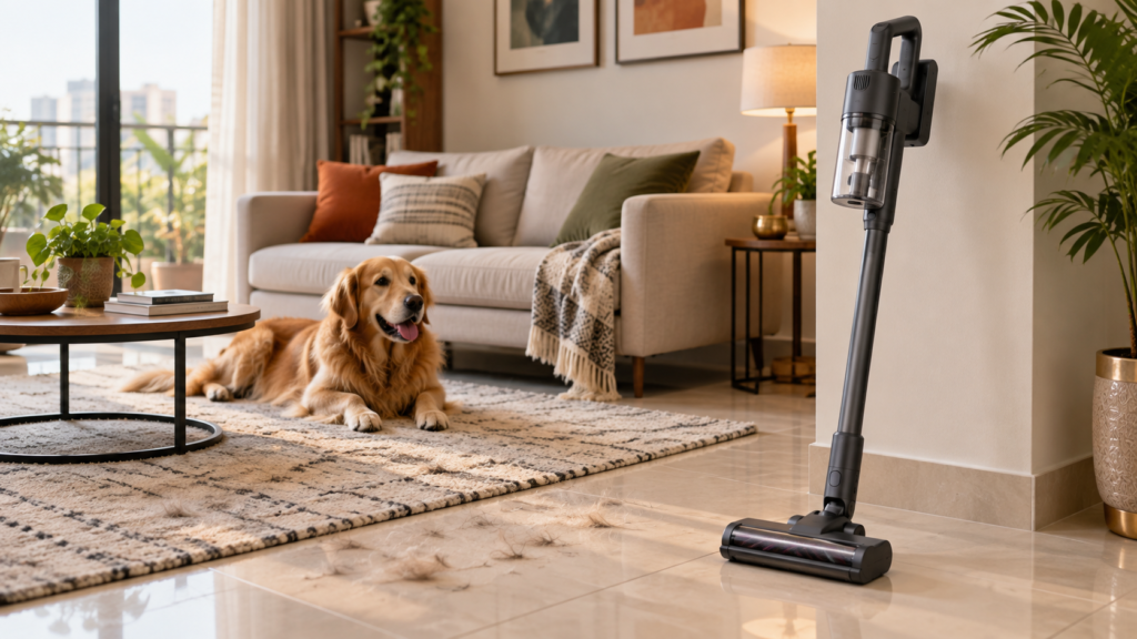 Dyson V16 की खबर के लिए कॉर्डलेस वैक्यूम और घरेलू सफाई का सांकेतिक चित्र