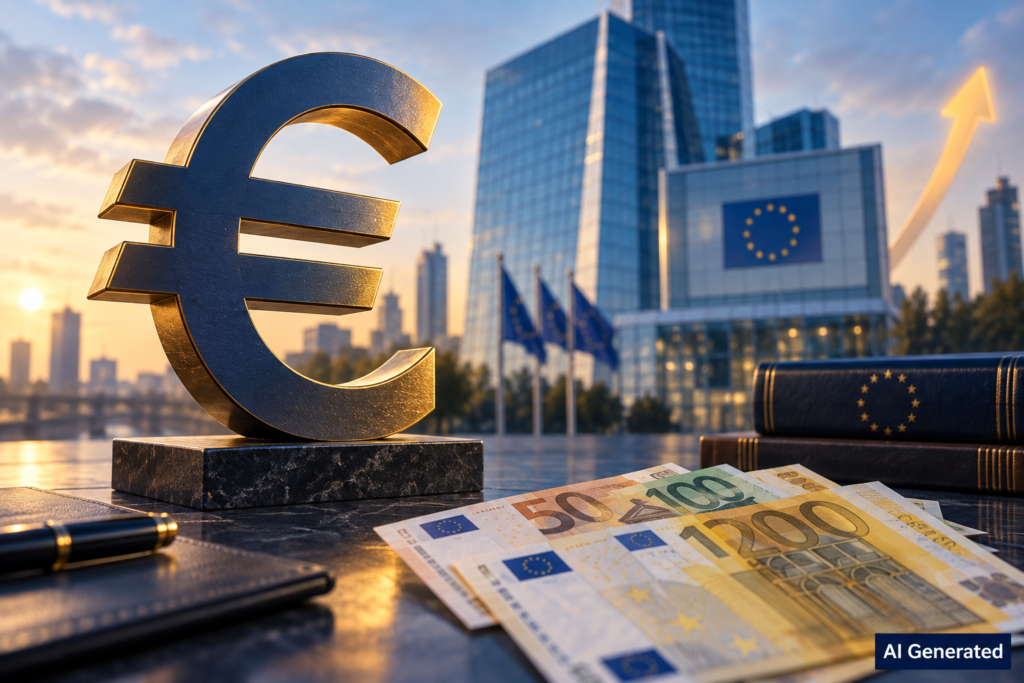 ECB की ब्याज दर बढ़ोतरी का सांकेतिक AI चित्र: यूरो चिह्न, बैंक भवन और यूरो नोट