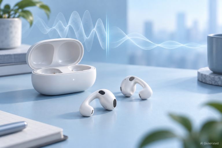AirPods 5 खबर के लिए वायरलेस ईयरबड्स और ध्वनि तरंगों का AI Generated सांकेतिक चित्र
