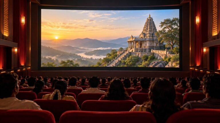 सिनेमाघर में मंदिर के दृश्य को देख रहे दर्शकों का सांकेतिक चित्र