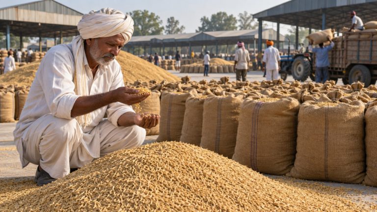 हरियाणा की मंडी में धान की गुणवत्ता देखते किसान का सांकेतिक दृश्य