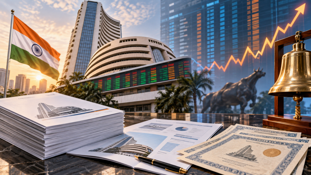 NSE IPO की तैयारी, एक्सचेंज भवन और ऑफर दस्तावेज का सांकेतिक दृश्य