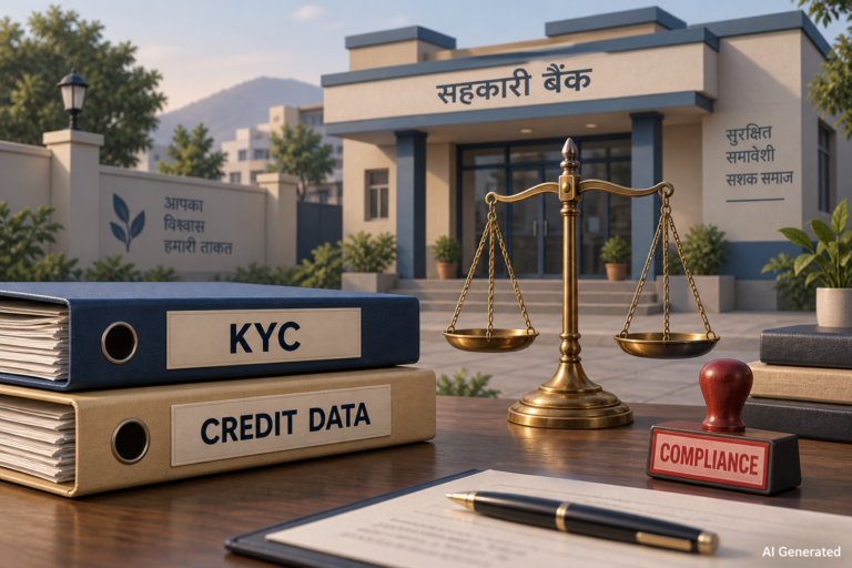RBI पेनाल्टी का सांकेतिक AI चित्र: सहकारी बैंक, KYC फाइल और अनुपालन का तराजू