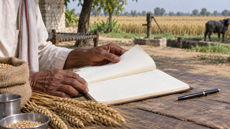 कृषि ऋण के खातों को देखते किसान का सांकेतिक दृश्य